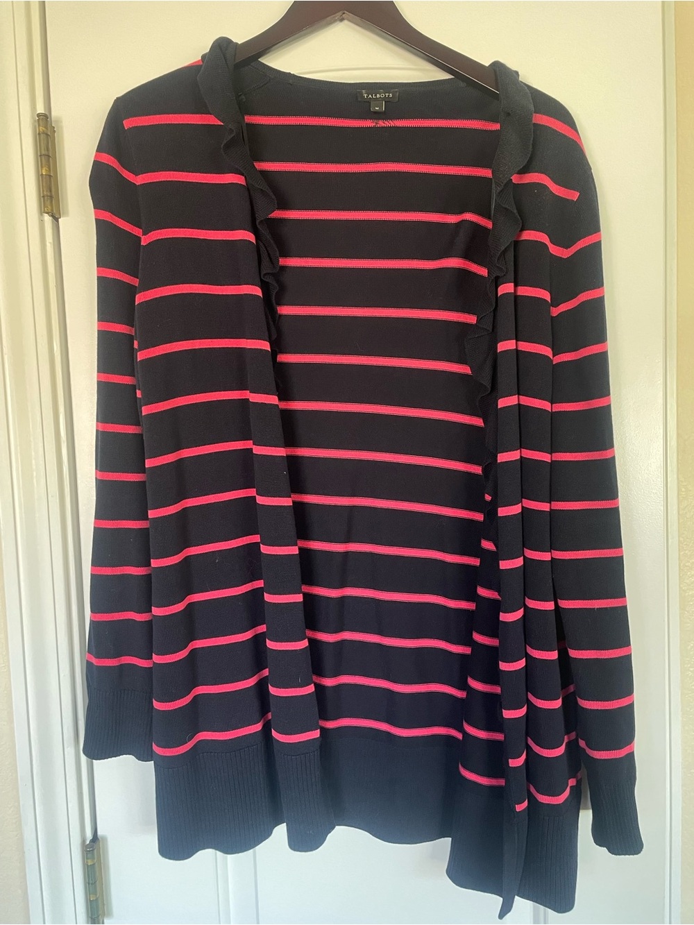 Talbots Navy and Pink Striped Ruffle-Trim Open Cardigan
